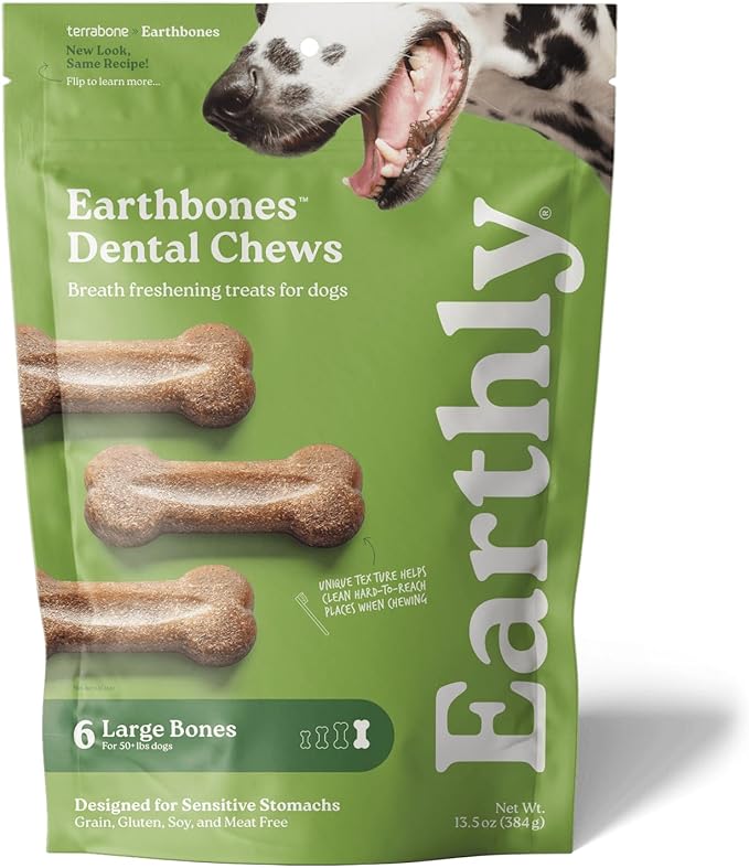 Presidio Earthbones (Formerly Terrabones) Dental Chews, Dog Teeth Cleaning Treat, Large, 6 Treats