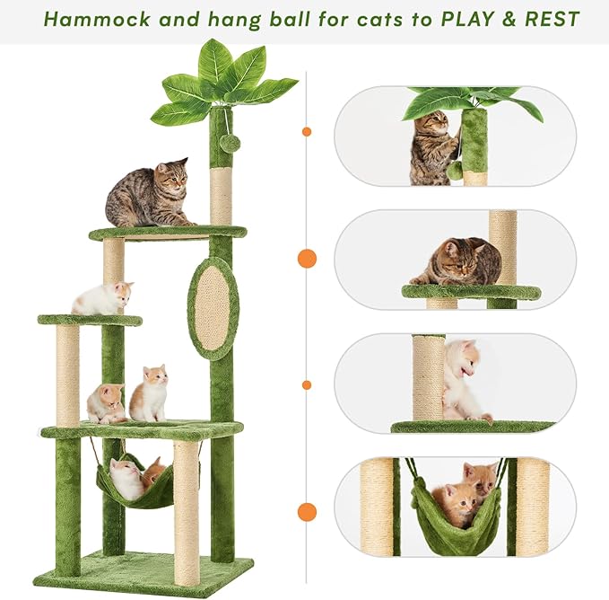 55" Cat Tree for with Green Leaves, Multi-Level Large Cat Tower with Hammock, Plush Cat House with Hang Ball Toy and Sisal Scratching Posts Furniture, Green
