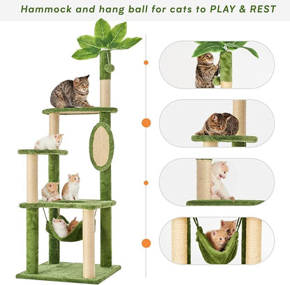 55" Cat Tree for with Green Leaves, Multi-Level Large Cat Tower with Hammock, Plush Cat House with Hang Ball Toy and Sisal Scratching Posts Furniture, Green