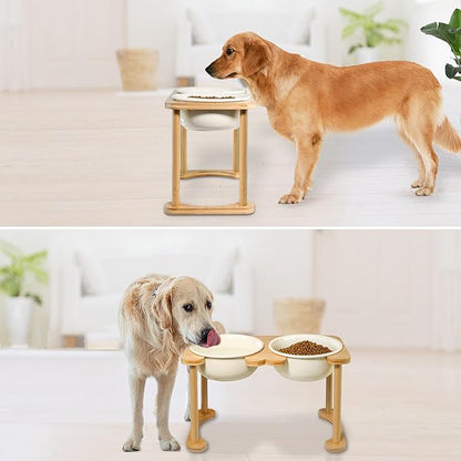 Ceramic Dog Bowls with Non-Skid Stand, Elevated Feeding Bowl for Medium Large Dogs,Raised Food and Water Dish Set, Dog Pet Feeder (11'' Tall-56OZ-Cream White)