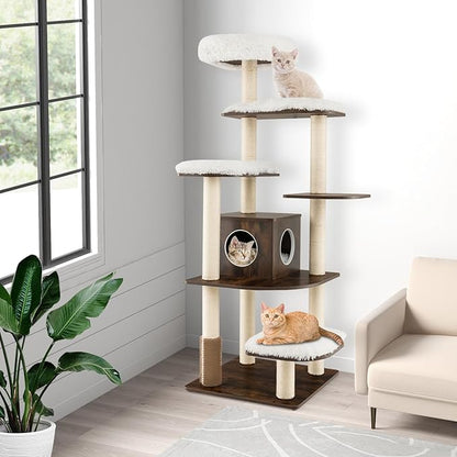 PETSITE Tall Cat Tree for Indoor Cats, 71 Inches Multi-Level Modern Cat Tower with Plush Perch, Cozy Condo, Platforms, Sisal Scratching Posts, EVA Massage Comb & Removable Cushions (Brown)