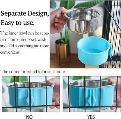 kathson Crate Dog Bowl 2pcs, Removable Stainless Steel Hanging Pet Kennel Cage Bowl Food & Water Feeder Coop Cup for Puppy, Cat, Rabbit, Guinea Pigs (2 PCS, Size: L, Blue and Green)