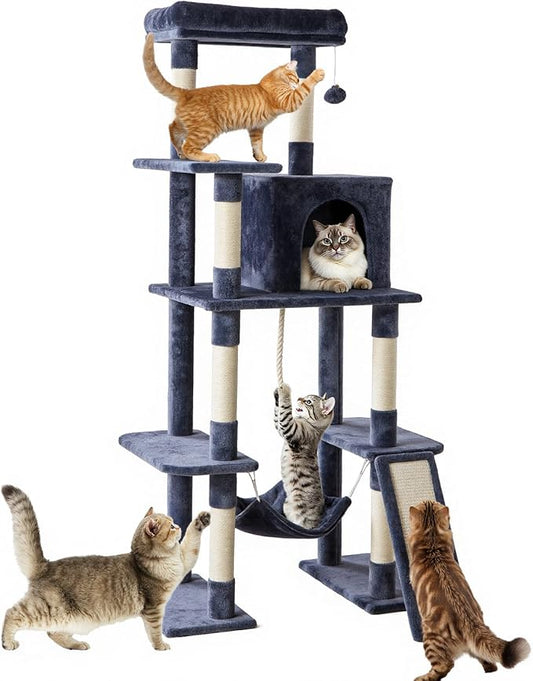 Sweetcrispy 63 inch Cat Tree Tower, Large Multi Level Cat Climbing Tower with Condo, Natural Sisal Scratching Posts, Extended Platform, Hammock, Pet House for Indoor Cats and Kittens Play, Dark Blue