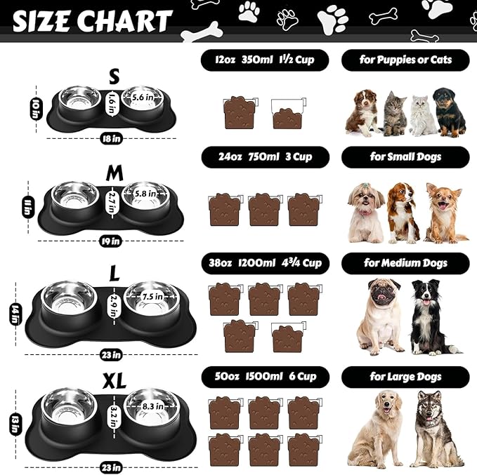 AsFrost Dog Food Bowls Stainless Steel Dog Bowls with No Spill Non-Skid Silicone Mat, Dog Food and Water Bowl Set, Dog Dishes for Small Medium Large Sized Dogs Pet Food Feeding Bowls, 4 Cup, Black