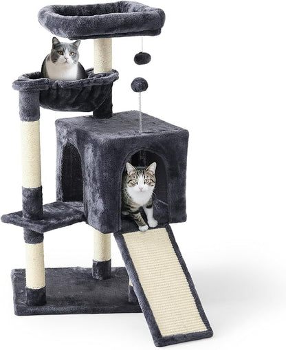 37-inch Cat Tree Tower with Multi-Level Cat Condo, Scratching Posts,2-Door Cat Cave,Grey