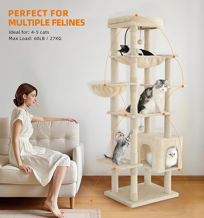 Made4Pets Tall Cat Tree, 71 Inches Cat Tree Tower for Indoor Cats Large Adult, Plush Multi-Level Cat Tower with 5 Scratching Posts, 2 Hammock, Condo and Perch, Big Cat House Indoor, Beige
