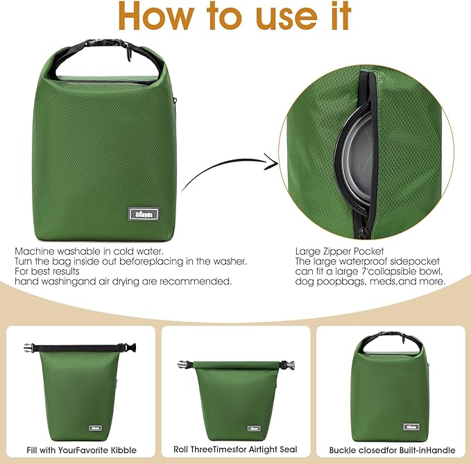 Dog Food Travel Bag with 2PCS Collapsible Dog Travel Bowls,Air Tight Dog Food Storage Container(Green, Small)