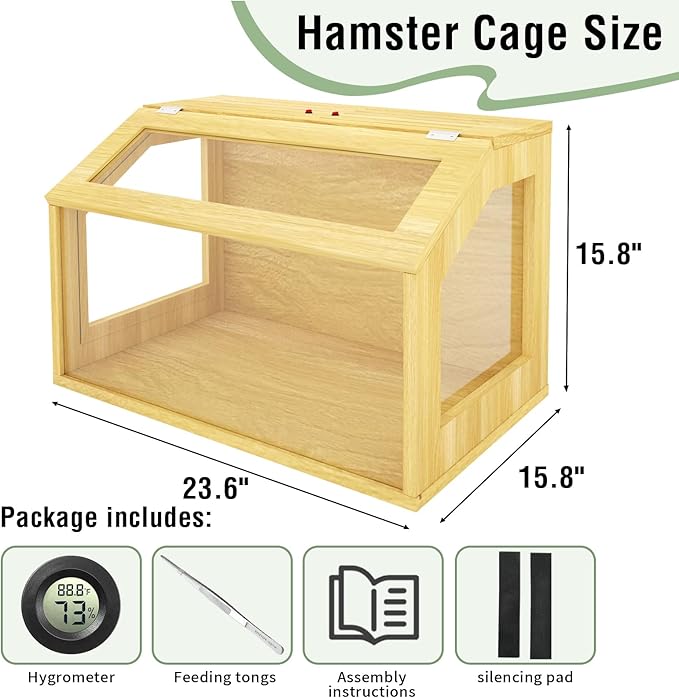 24" Wooden Hamster Cage, Chewproof Gerbil Cages and Habitats, Openable Top Roof Window with Silencing Pad, Guinea Pig Cage for Small Animals, Dwarf and Syrian Hamster, 24 x 16 x 16 Inches