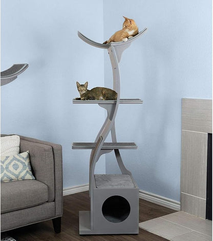 THE REFINED FELINE 69 Inch Tall Smoke Gray Lotus Cat Tower, Multi-Level Modern Cat Tree for Indoor Cats with Scratching Post, Climbing Cat Condo with Cushioned Cubby