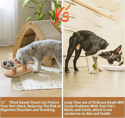 Elevated Cat Bowls Raised Cat Food Bowls, 15° Tilted Pet Bowls for Cats Puppy Small Dogs, Raised Dog Bowl Stand Feeder Adjustable Dog Cat Food Water Bowls Stand with 3 Stainless Steel Bowls