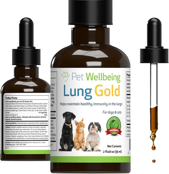 Pet Wellbeing Lung Gold for Dogs & Cats - Vet-Formulated - Lung & Respiratory Immune Support, Open Airways, Easy Breathing - Natural Herbal Supplement 4 oz (18 ml) (2 fl oz (59 ml))