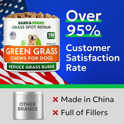 BARK&SPARK Green Grass Chews - Pee Grass Spot Saver Caused by Dog Urine - Urine Neutralizer for Lawn, Gut Health Probiotics & Digestive Enzymes,Lawn Burn from Dog Urine, Grass Burn Spot Chews (240Ct)