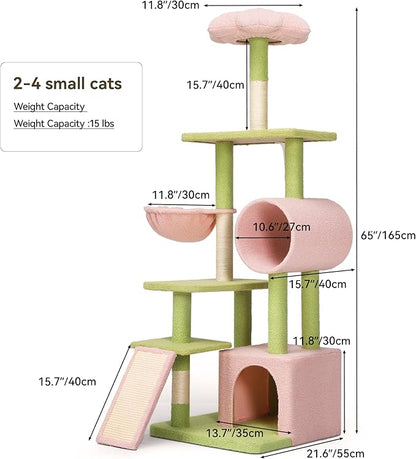 YITAHOME 65in Tall Flower Cat Tree Tower: Cute Kitten Climbing Tower for Indoor Cats with Kitty Condo Basket Tunnel Sisal Scratching Posts and Board, Pink and Green
