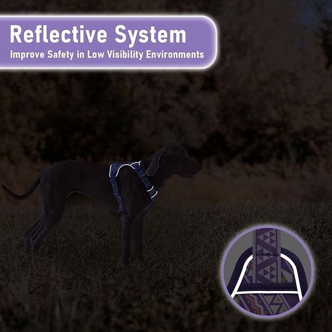 Small Dog No Pull Dog Harness, Pet Harness with ID Card Reflective Strip Soft Padded Handle, Adjustable Vest Harness for Walking Hiking Training, Geometric Pattern, Beagle, Purple Ethnic, S