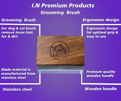 Deshedding Grooming Tools for Dogs Cats & Horse Easy Ergonomic Wooden Handle Professional Brush Grooming Tool, Remove painlessly 95 Percent of Lose Hair Fur & Dirt (5 inch) (2.5 inch)
