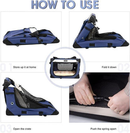 Large Cat Carrier, Collapsible Dog Travel Crate Portable Soft-Sided Pet Carrier with Super Soft Warm Plush Mat for Indoor and Outdoor 20x14x14in,Navy Blue