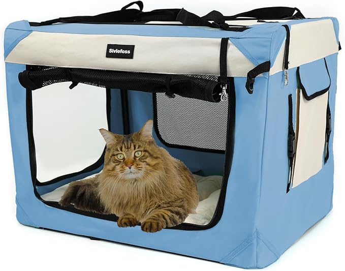Collapsible Travel Dog Crate Portable Soft-Sided Pet Kennel Extra Large Cat Carrier with Soft Plush Fur Mat for Indoor and Outdoor,28x20x20in Sky Blue