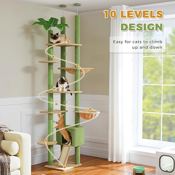 PETEPELA Floor to Ceiling Cat Tree, Adjustable 90.5''-100.4'' Cat Tower Cactus Climbing Tree with Scratching Posts, Spacious Condo and Large Hammock for Indoor Cats Large Adult, Green