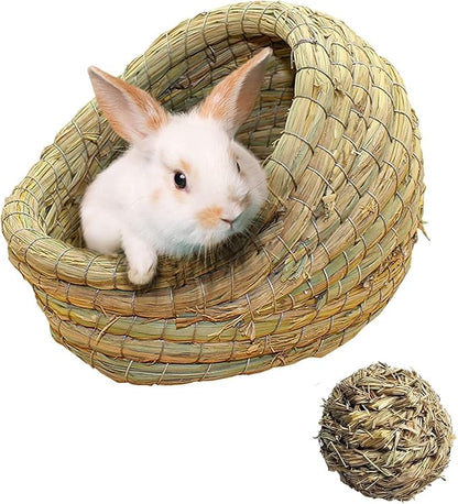 kathson Rabbit Grass House Bunny Woven Hay Bed Guinea Pig Hideout Hand Woven Natural Grass House for Hamster Bunny Guinea Pig and Small Animals with Hay Chew Balls Toys