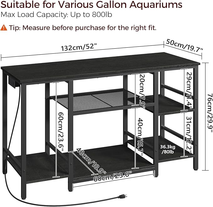 55-75 Gallon Fish Tank Stand with Power Outlet, 3-Tier Metal Frame Aquarium Stand, Heavy Duty Reptile Terrarium Tank Stand, 52.0" L x 19.7" W x 29.9" H, 800 LBS Capacity, Black FTBK55E01