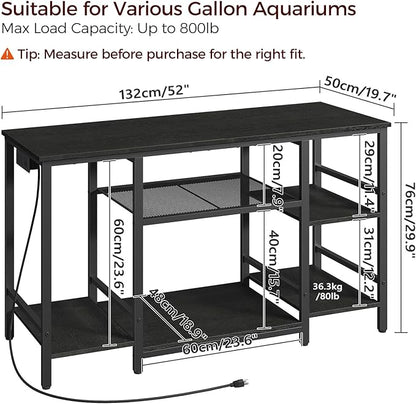 55-75 Gallon Fish Tank Stand with Power Outlet, 3-Tier Metal Frame Aquarium Stand, Heavy Duty Reptile Terrarium Tank Stand, 52.0" L x 19.7" W x 29.9" H, 800 LBS Capacity, Black FTBK55E01