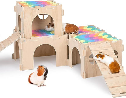 Guinea Pig Hideout, Guinea Pigs House with Stairs and Mats Extra Large Guinea Piggy Castle Detachable Hideouts for Small Animals Wooden Guinea Pig Habitats with Multiple Doors and Windows