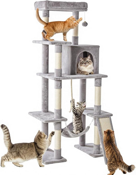 Sweetcrispy 63 inch Cat Tree Tower, Large Multi Level Cat Climbing Tower with Condo, Natural Sisal Scratching Posts, Extended Platform, Hammock, Pet House for Indoor Cats and Kittens Play, Grey