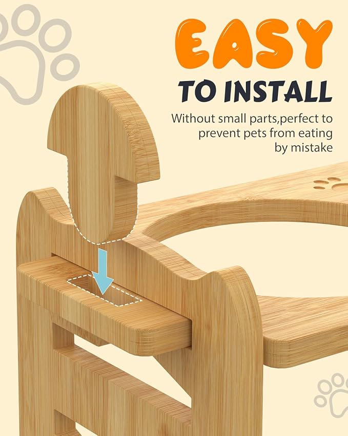 Elevated Dog Bowls, Adjustable Raised Dog Bowl Stand for Small Size Dogs and Cats, Durable Bamboo Dogs Feeder with 2 Stainless Steel Bowls and Non-Slip Feet, Pet Food Bowl with Mat