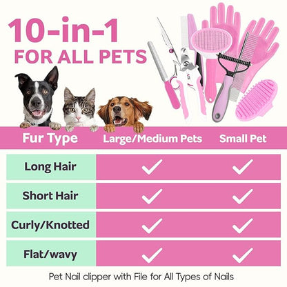 Bath Grooming Kit for Pets, 10pcs Dog Brush for Shedding with Dog Nail Clipper and Trimmer, Dog and Cat Grooming Supplies, Dematting Comb for Dogs, Pet Bath Supplies