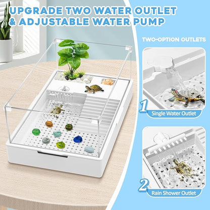 GOZILLA Large Turtle Tank Kit+Water Pump, Acrylic Turtle Tank Starter Kit with Adjustable 5W Water Pump and Two Shower Heads, Multi-Functional Area for Small/Medium Turtles(Large-White Tank).