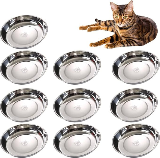 10PCS Stainless Steel Cat Bowls, 5.5" Dia Shallow Cats Water Food Dish Replacement Whisker Fatigue Relief Plate Stackable Metal Pet Feeding Bowl Basic Bulk for Puppy Dogs Elevated Stand