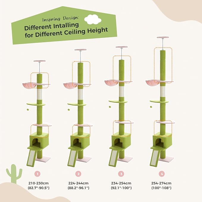 PEQULTI Cat Tree Floor to Ceiling, Green Cat Tower, Adjustable Height (83''-108'') 5 Tiers Tall Climbing Tree for Indoor Cats with Cat Condo, Scratching Post and Ladder, Light Green