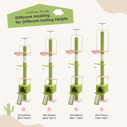 PEQULTI Cat Tree Floor to Ceiling, Green Cat Tower, Adjustable Height (83''-108'') 5 Tiers Tall Climbing Tree for Indoor Cats with Cat Condo, Scratching Post and Ladder, Light Green