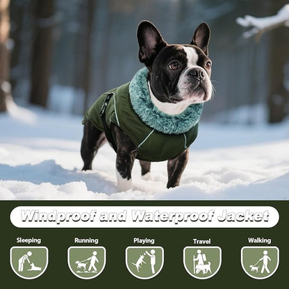 DENTRUN Extra Large Warm Dog Jacket - Windproof Water Repellent Reflective Coat, Adjustable Plush Turtleneck, Easy Wear Fleece Lined Cold Weather Vest for Great Dane, Army Green, XXXL