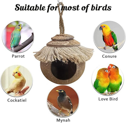 Tfwadmx Coconut Hide with Loop, Natural Coconut Fiber Hanging Birdhouse Cage, Coconut Bird Shell Breeding Nest for Parrot Parakeet Lovebird Finch Canary, Pet Cage Habitats Decor,Small Animals House