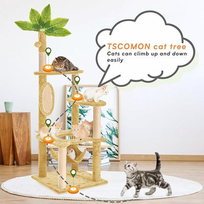 55" Cat Tree for with Green Leaves, Multi-Level Large Cat Tower with Hammock, Plush Cat House with Hang Ball Toy and Sisal Scratching Posts Furniture, Beige