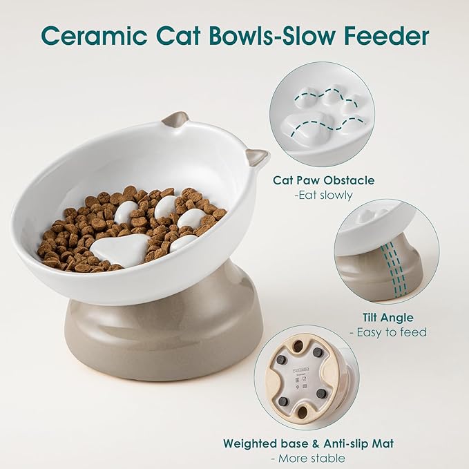 vancasso Ceramic Elevated Slow Feeder Cat Bowls,Slow Feeder Elevated Cat Bowl Wet Food, Raised Cats Bowl for Indoor Cats (Grey)