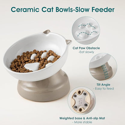 vancasso Ceramic Elevated Slow Feeder Cat Bowls,Slow Feeder Elevated Cat Bowl Wet Food, Raised Cats Bowl for Indoor Cats (Grey)