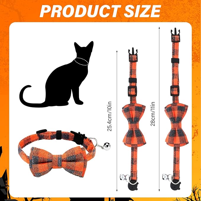 10 Pcs Cat Collar Breakaway with Bow Tie and Bell Kitten Collars Removable Bowtie Plaid Cat Collar for Cats Kittens Puppy Halloween Decor