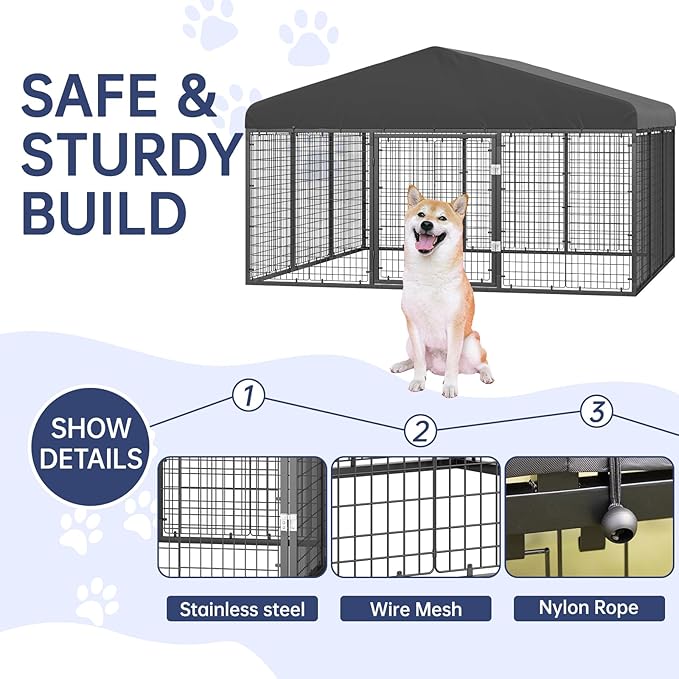 118" x 118" Outdoor Dog Kennel Steel Ideal Dog Fence for Medium/Small Dogs Anti-Rust Coating Cage with Roof All Weather Resistant Dog House with Double Locks