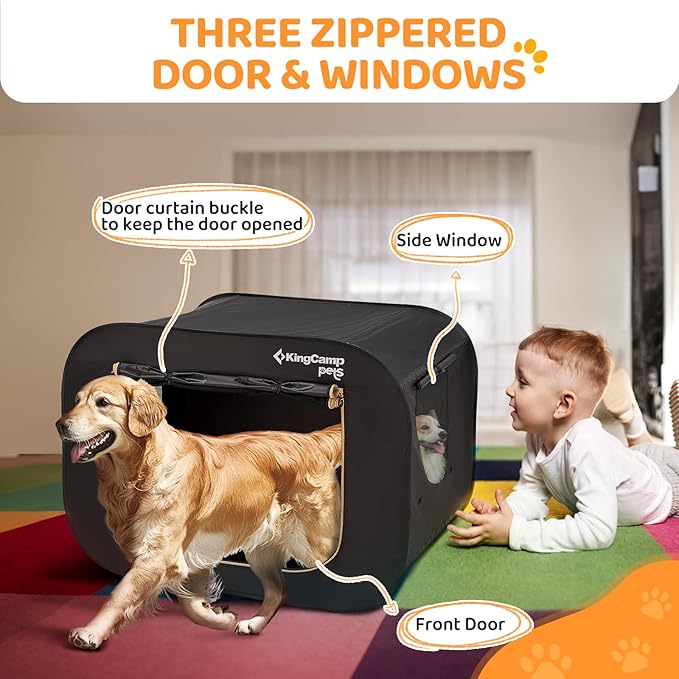 KingCamp XXL Dog Crate, Large Collapsible Pop Up Dog Kennel Tent with Durable 600D Oxford Fabric & Breathable Mesh for Indoor Outdoor Travel, Black, 55" x 39" x 39"