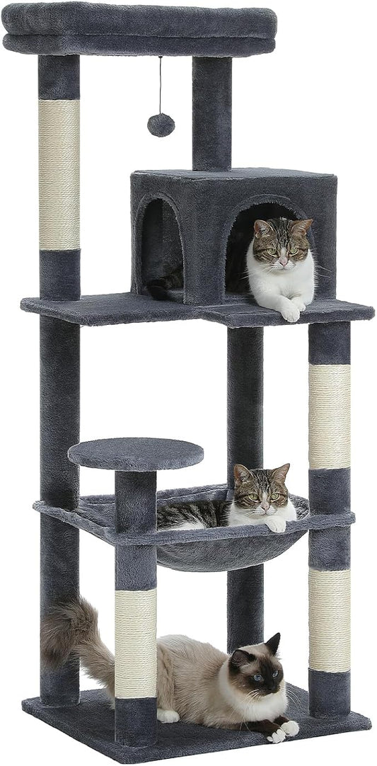 PEQULTI Cat Tree for Large Cats with Metal Frame Big Hammock, Cat Tower for Indoor Cats with 2 Door Condo House, [56.3"=143cm] Multi-Level Cat Shelves with Scratching Posts and Top Perch, Dark Grey