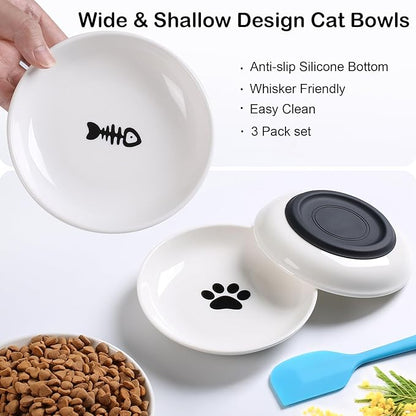 Cat Food Bowl,Healthy Ceramic Cat Bowls for Indoor Cats,Anti Whisker Fatigue Cats Dishes Set,Shallow Wide Kitten Plates for Food and Water,Non-Slip Silicone Bottom,3 Pack