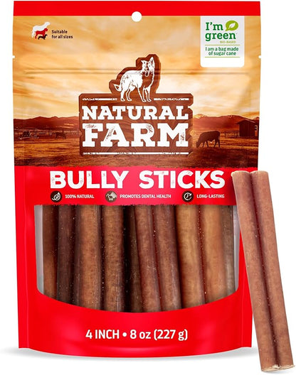 Natural Farm Odor-Free Bully Sticks (4”, 8oz) All-Natural Long-Lasting Chews, 100% Beef Pizzle, Grass-Fed, Grain-Free, Hormone-Free, Protein for Muscle Development & Energy, Perfect for Small Dogs
