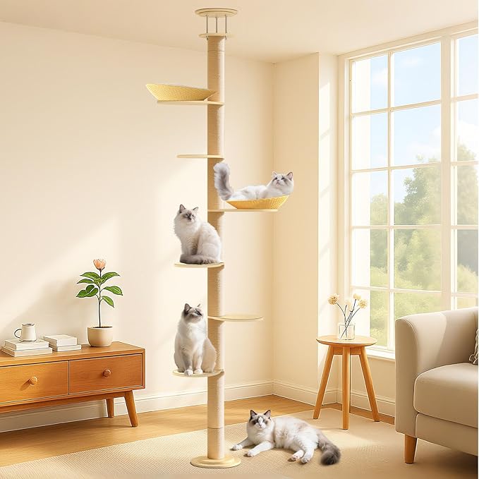 Tinnmao Solid Wood Floor to Ceiling Cat Tree, 7 Level Adjustable Height (8.8-10.2 ft) Tall, Modern Climbing Tower for Indoor Cats Large Adult with Thickened Wooden Sisal Scratching Posts & Cozy Bed