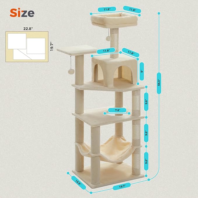 PEQULTI 56.3'' Cat Tree for Indoor Cats, Multi-Level Cat Tower with 2 Top Perch. Cat Condo, Hammock and Sisal-Covered Scratching Post, Beige