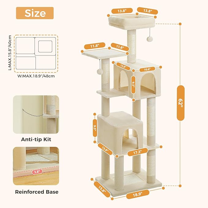 62" Cat Tree for Indoor Cats, Multi-Level Cat Tower with 2 Spacious Condos, Dual Top Perches, Scratching Pad, 4 Scratching Posts, 2 Pompoms, Beige
