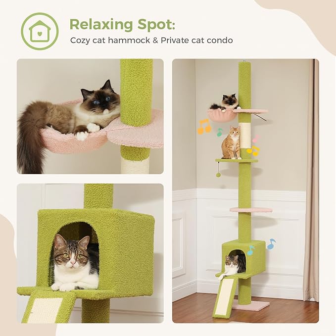 PEQULTI Cat Tree Floor to Ceiling, Green Cat Tower, Adjustable Height (83''-108'') 5 Tiers Tall Climbing Tree for Indoor Cats with Cat Condo, Scratching Post and Ladder, Light Green