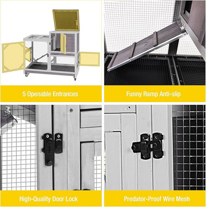 Aivituvin Rabbit Hutch Indoor Bunny Cage Outdoor 2-Story Guinea Pig House with Chew-Proof Ramp, Leak-Proof Tray, Lockable Wheels for Rabbits, Guinea Pigs, Small Animals (Grey)