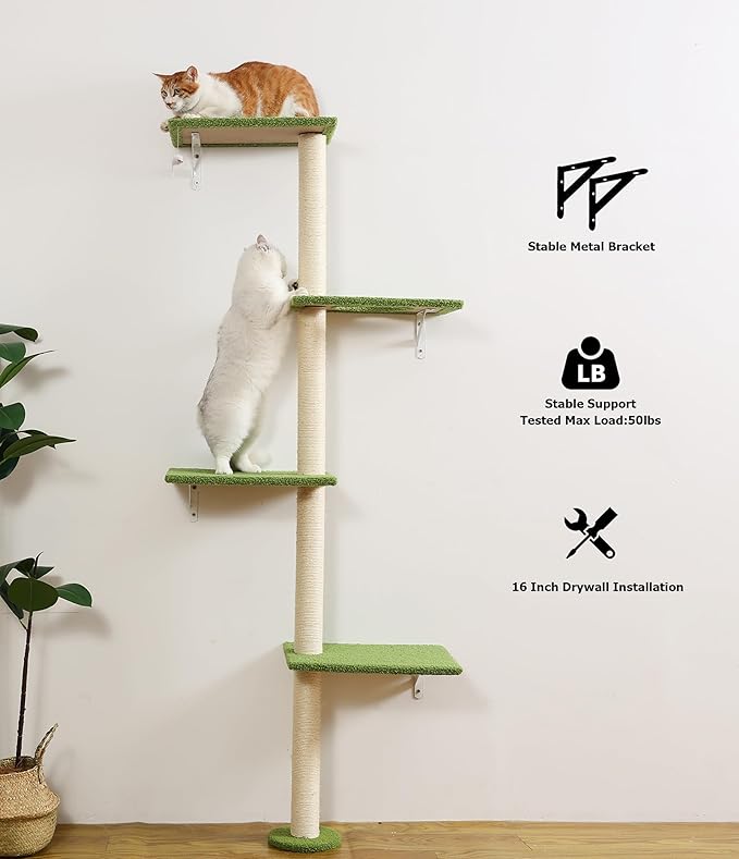 Tall Cat Scratching Posts,4 Tier Corner Cats Tree, Wall Mounted Kitten Tower,Carpeted Climbing Wall for Indoor Kitty Perching,Playing and Lookout(Green)